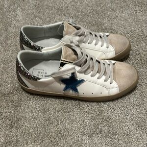 Shu Shoo slightly worn suede n man leather w/ denim star and sparkles . Size 8